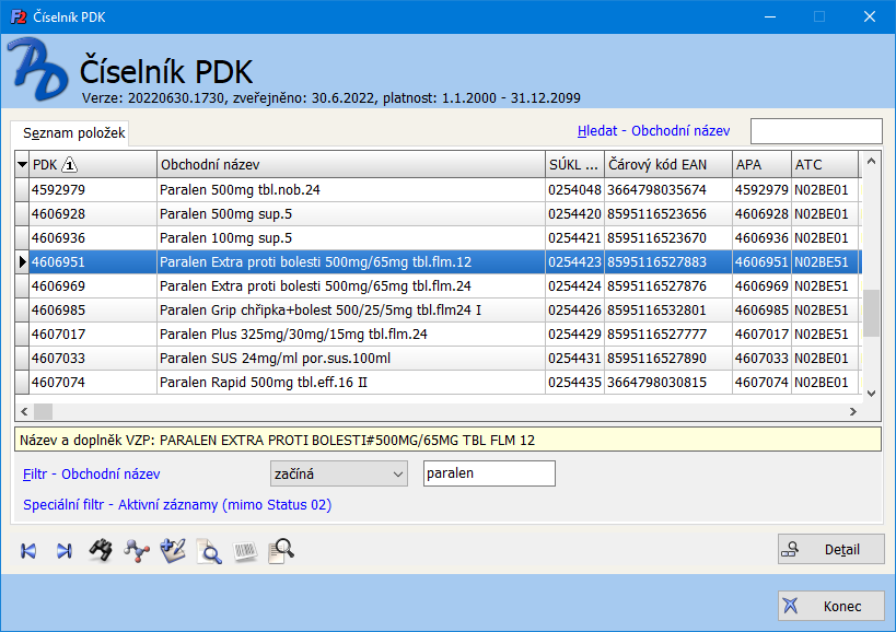 Seznam přípravků v číselníku PDK
